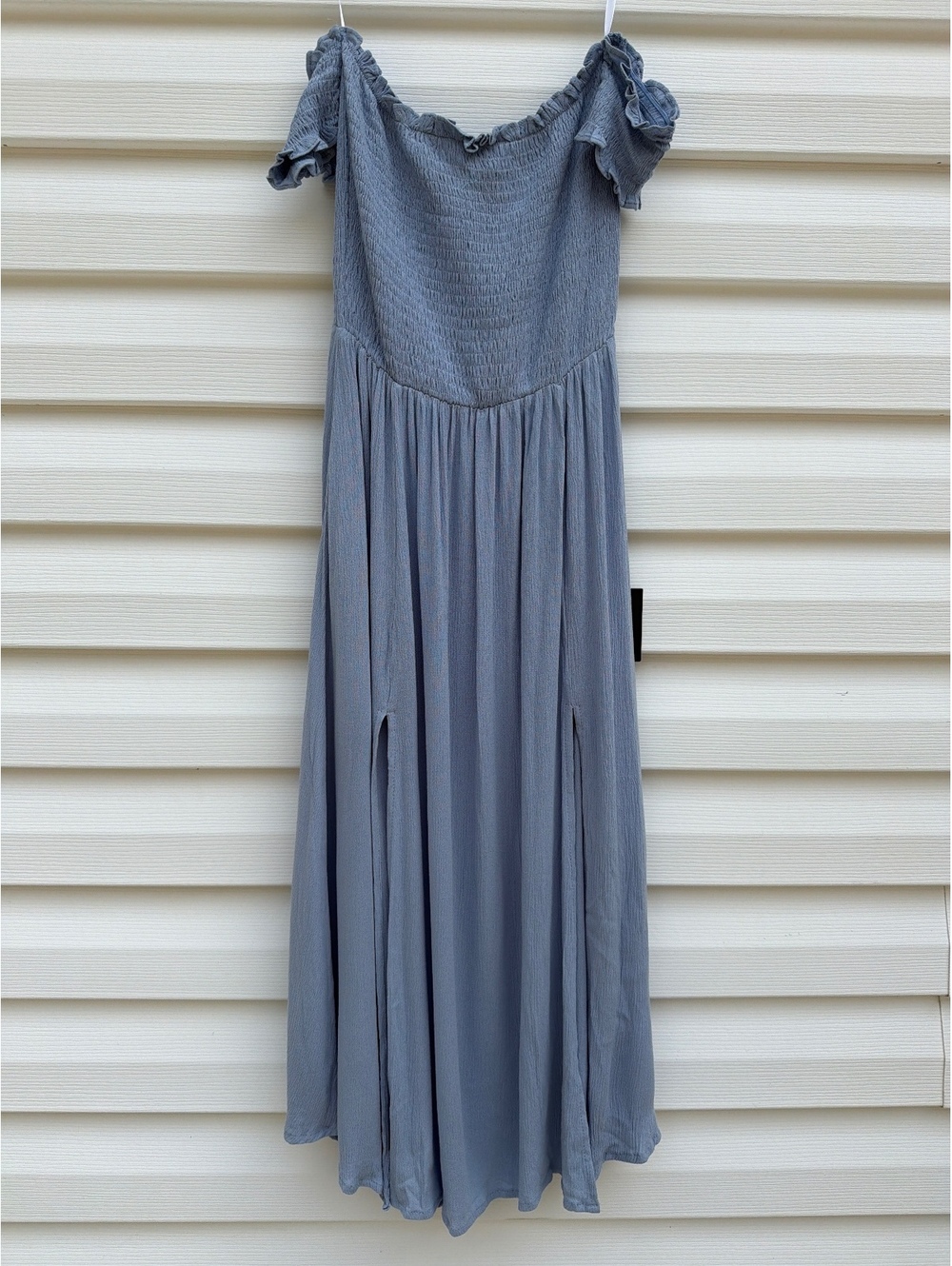 Lulus Women's Blue Gray Smocked Rayon Maxi Dress Side Slits NWT
